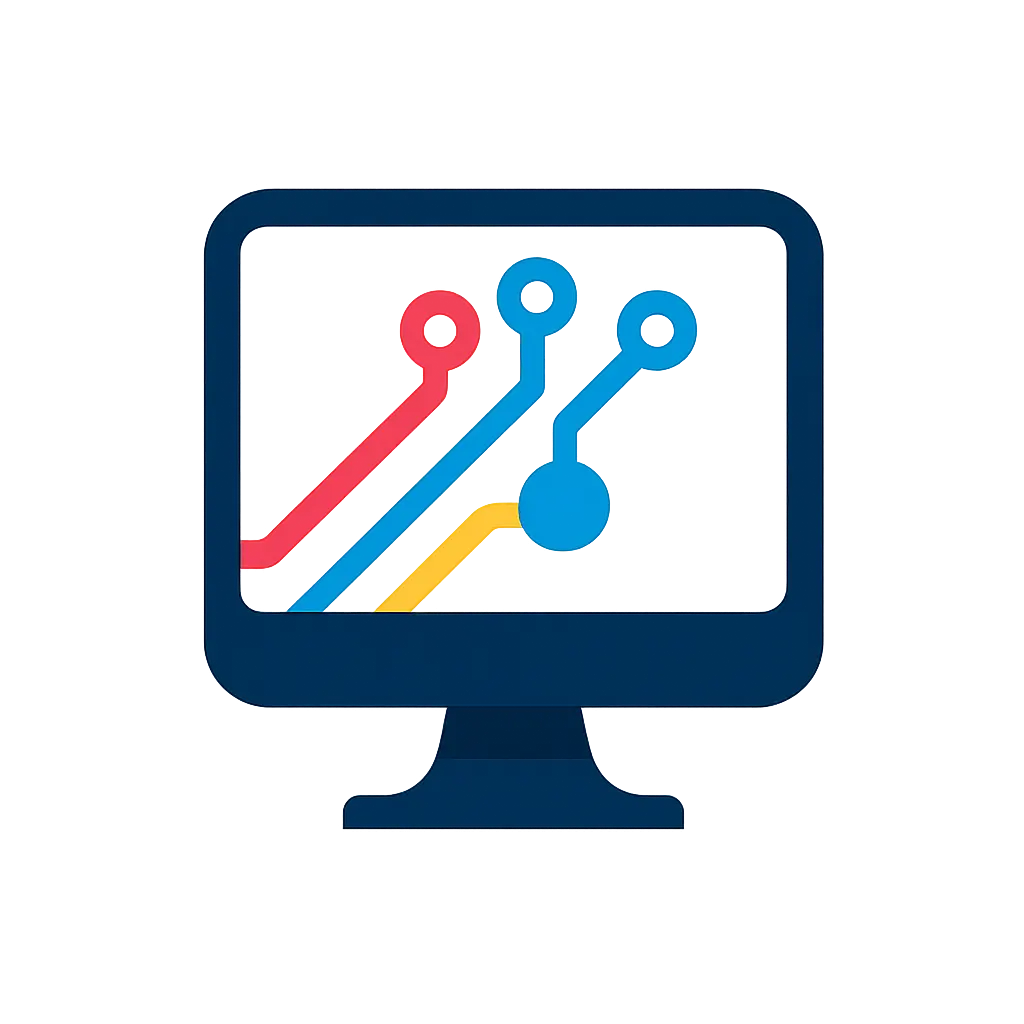 Modern Computer Logo template with abstract circuit lines and monitor.
