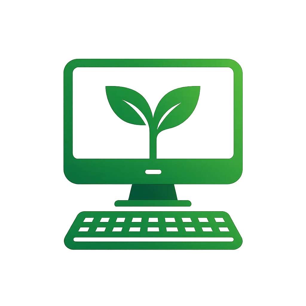 Green Computer Logo template with plant emerging from screen