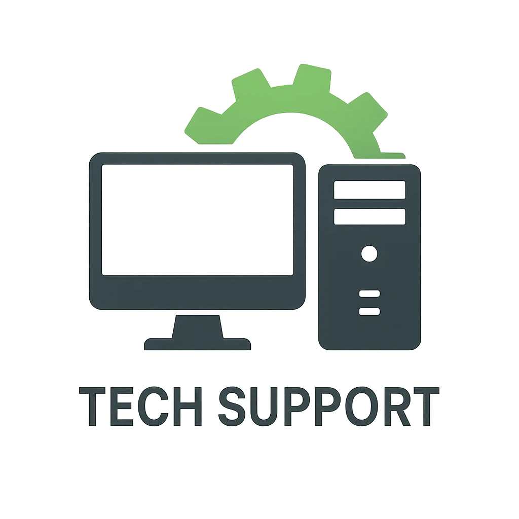 Computer Logo template with a monitor, tower, and green gear symbol
