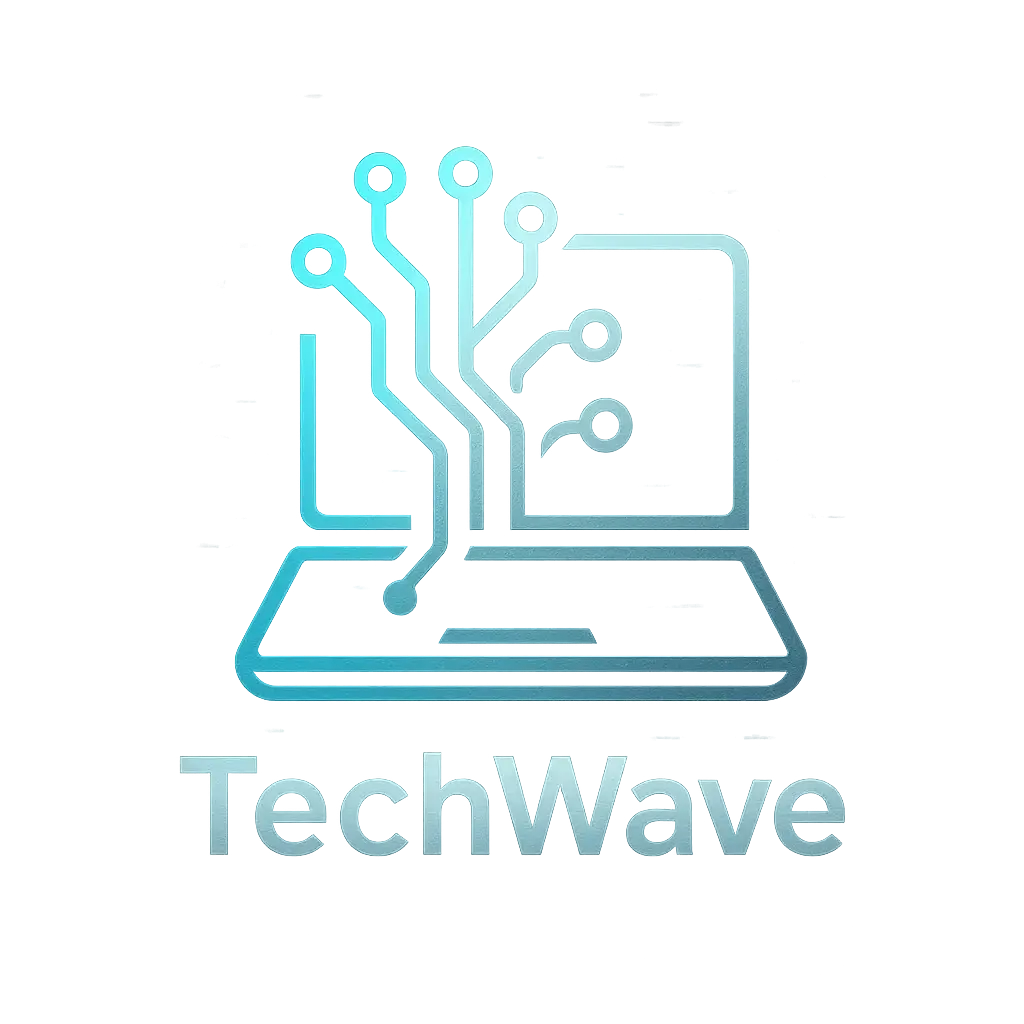 TechWave Computer Logo template with abstract circuit board and laptop