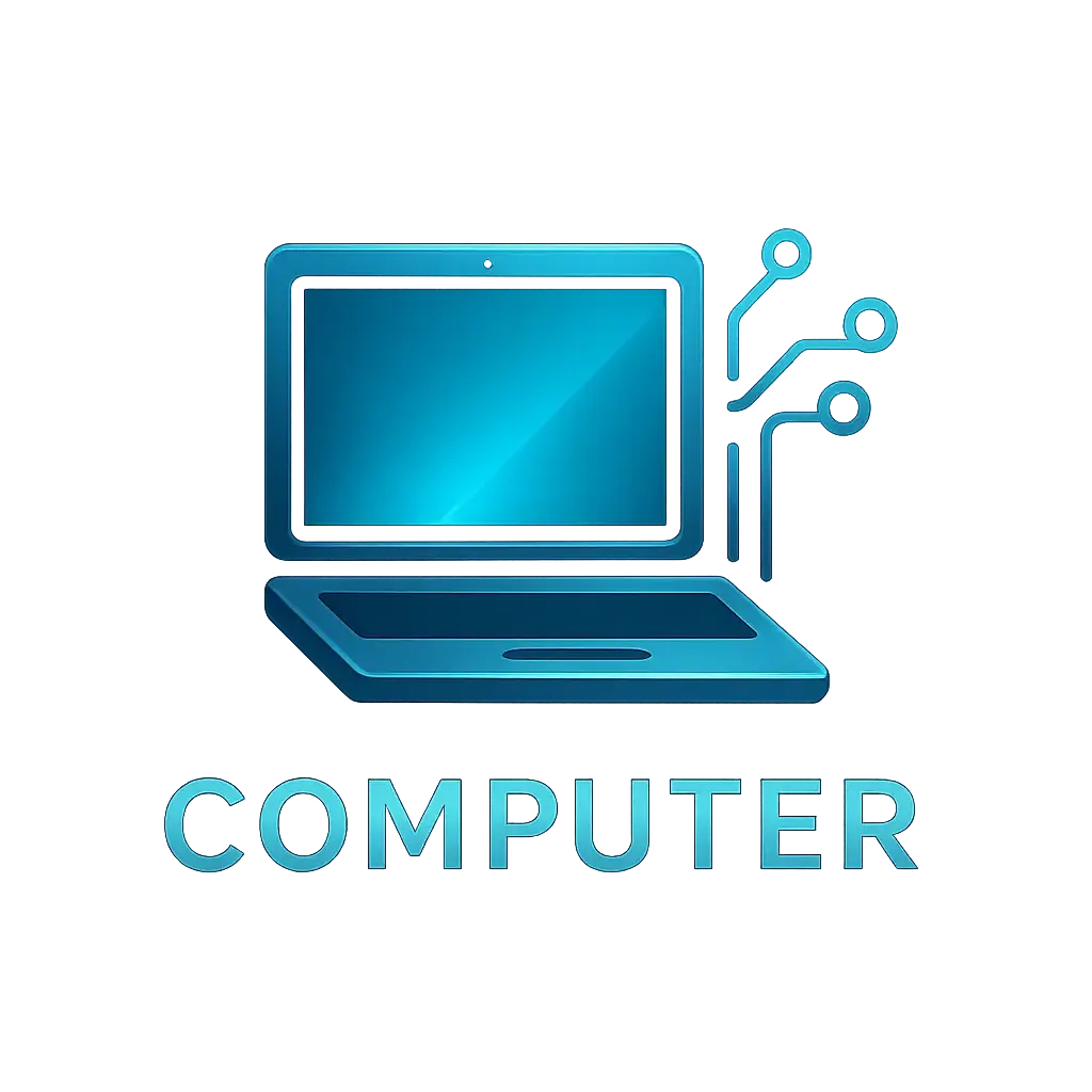 Computer Logo template with glowing laptop and digital circuit patterns