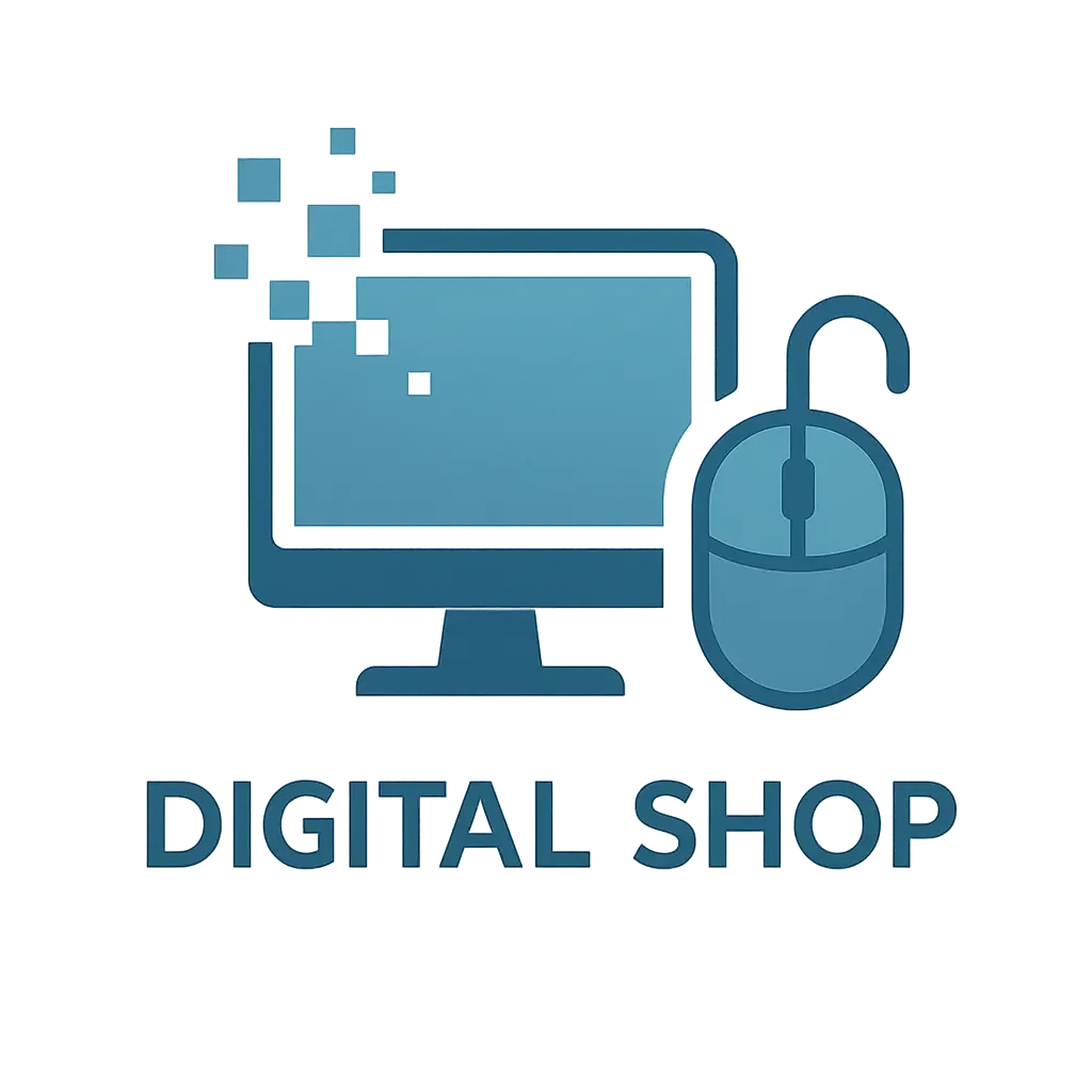 Computer Logo template with monitor and mouse in blue