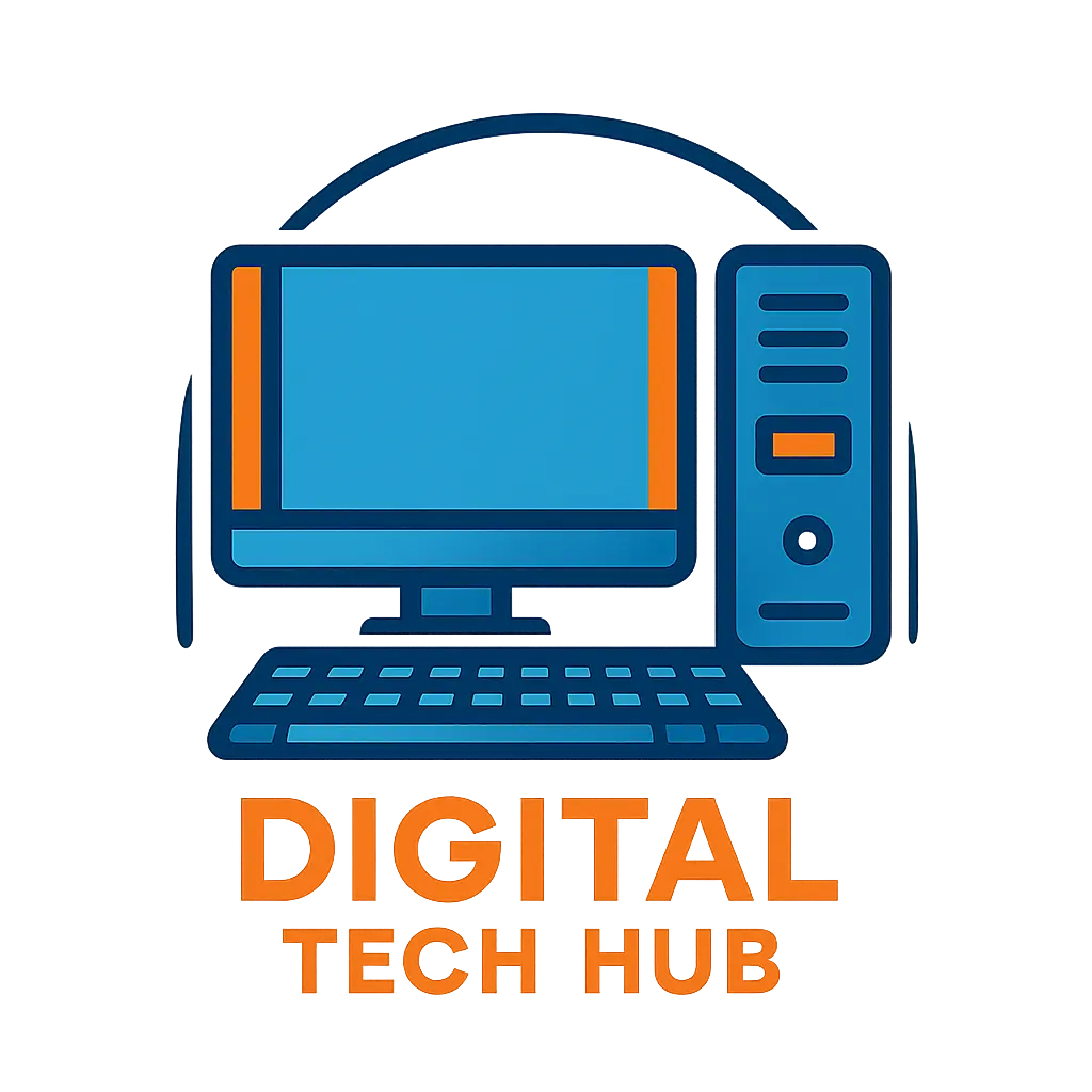 Modern Computer Logo template with screen, tower, and keyboard