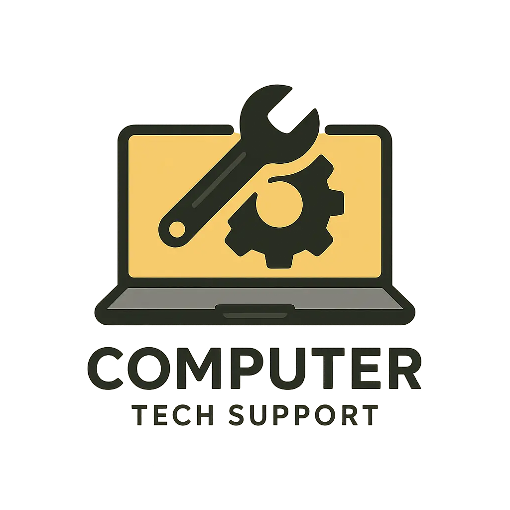Computer Logo template with laptop, wrench, and gear symbol