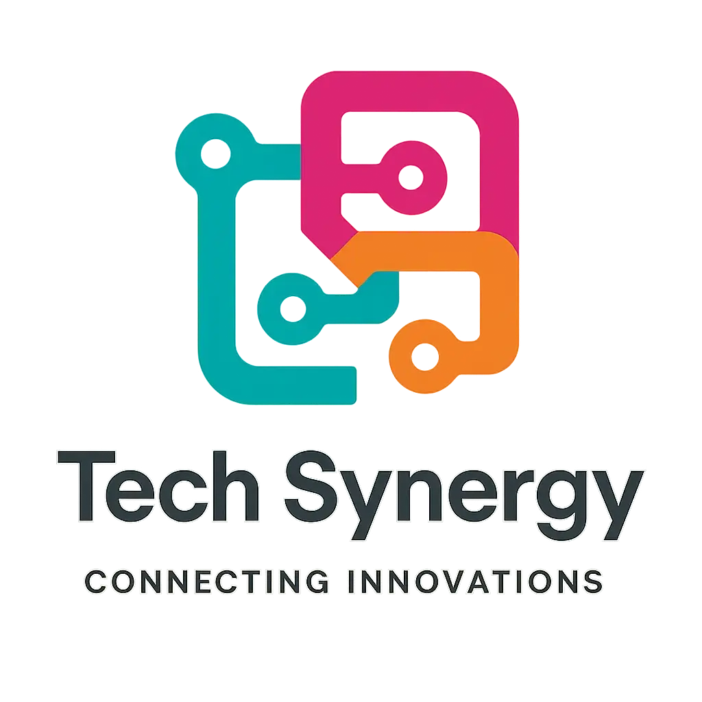 Abstract Computer Logo template with tech symbols.