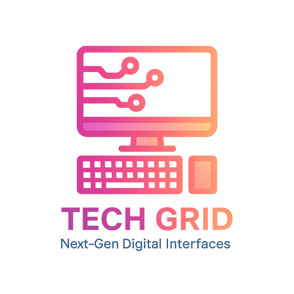 Gradient Computer Logo template with monitor, keyboard, and circuit lines