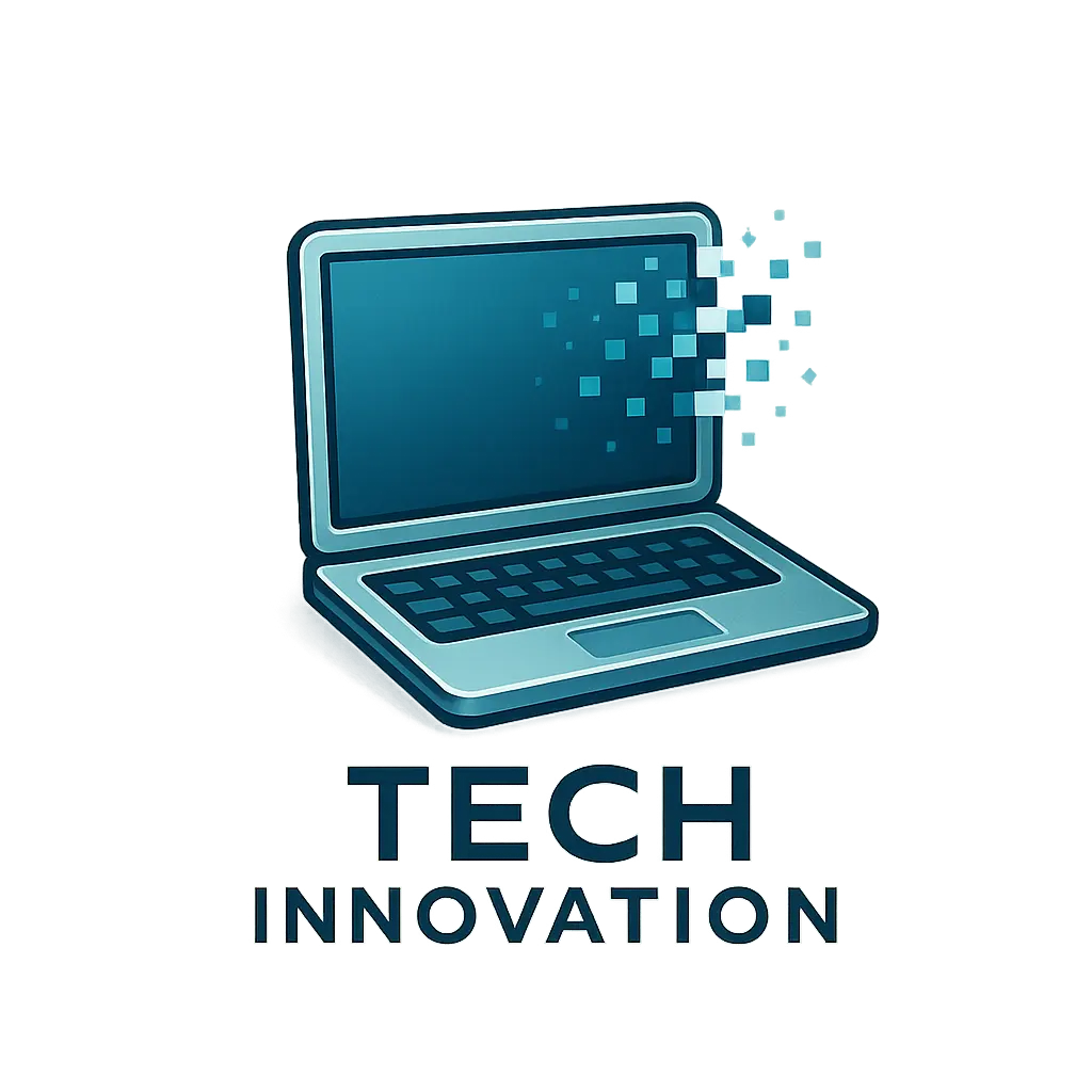 Computer Logo template featuring a stylized laptop with pixelated digital effects.