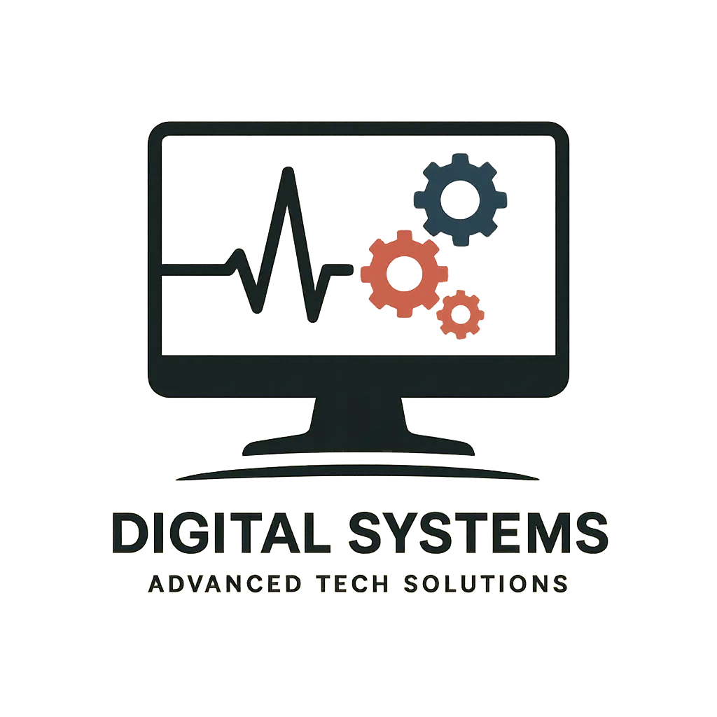 Minimalist Computer Logo template with waveform and gear icons