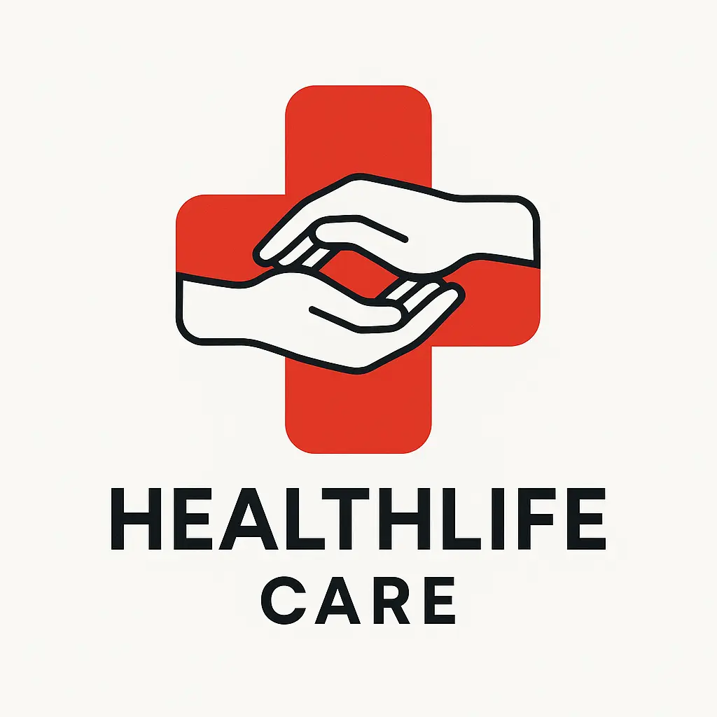 Doctor Logo template with red cross and hands, 'HEALTHLIFE CARE' text