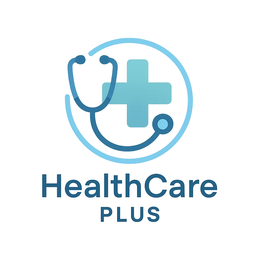 Doctor Logo template with stethoscope, cross, and 'HealthCare Plus' text