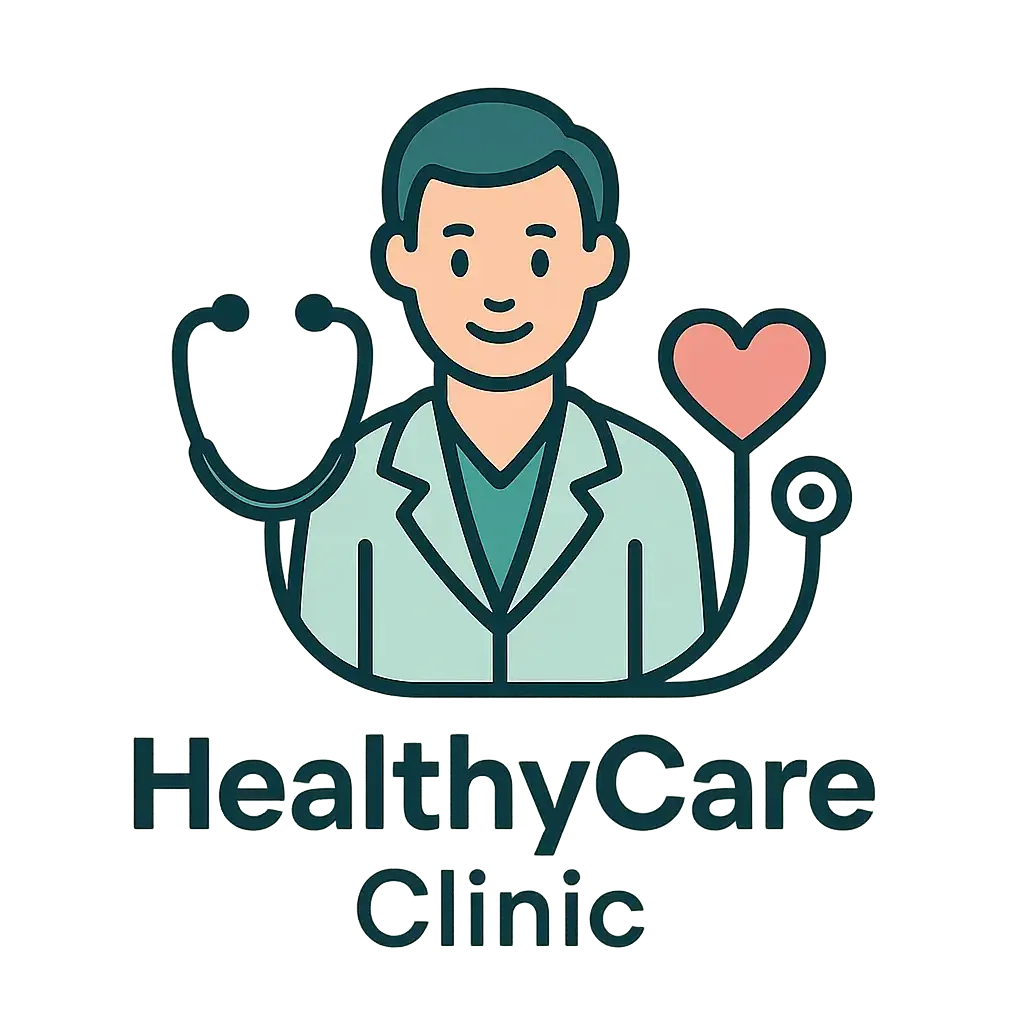 Doctor Logo template with stethoscope, heart, and 'HealthyCare Clinic' text