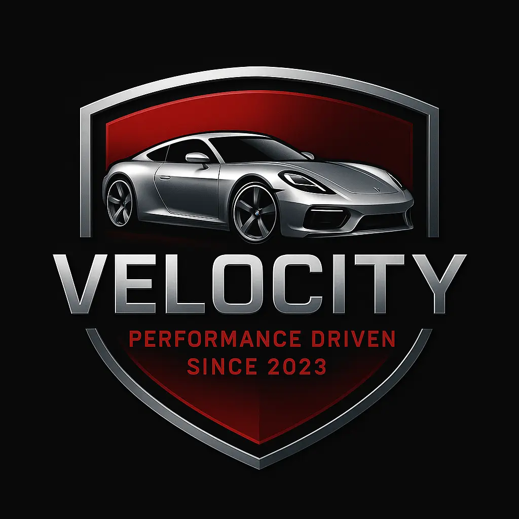 Automotive Logo template with red shield and silver car silhouette