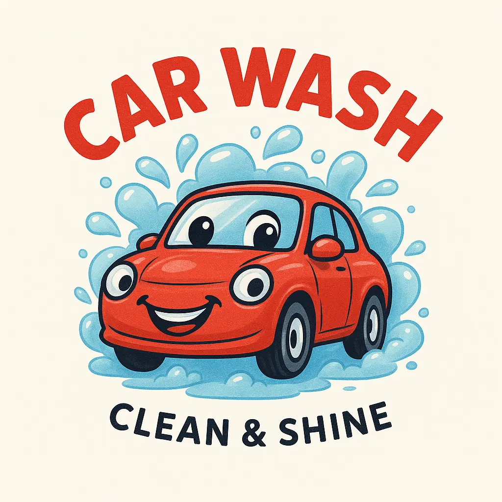 Automotive Logo template featuring a red cartoon car with water splashes