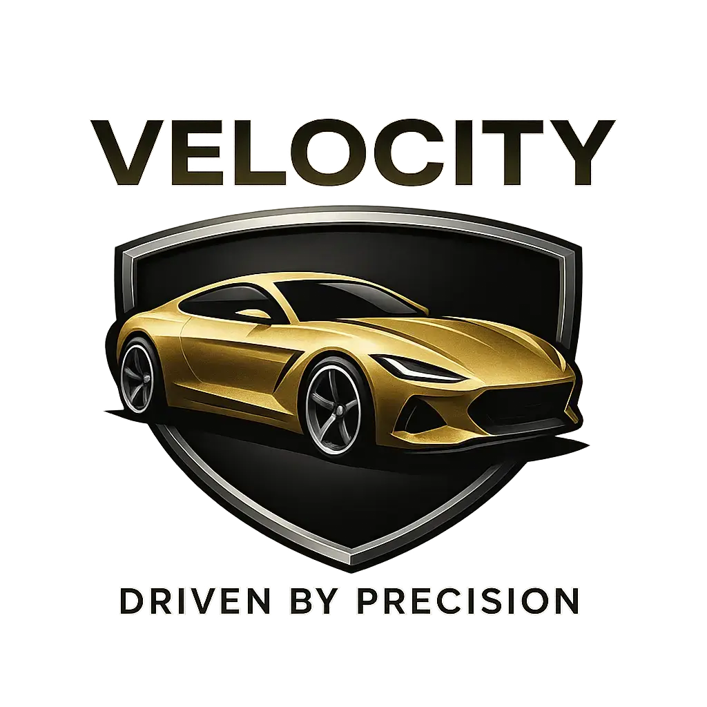 Automotive Logo template featuring a sleek car silhouette with metallic gold and black accents