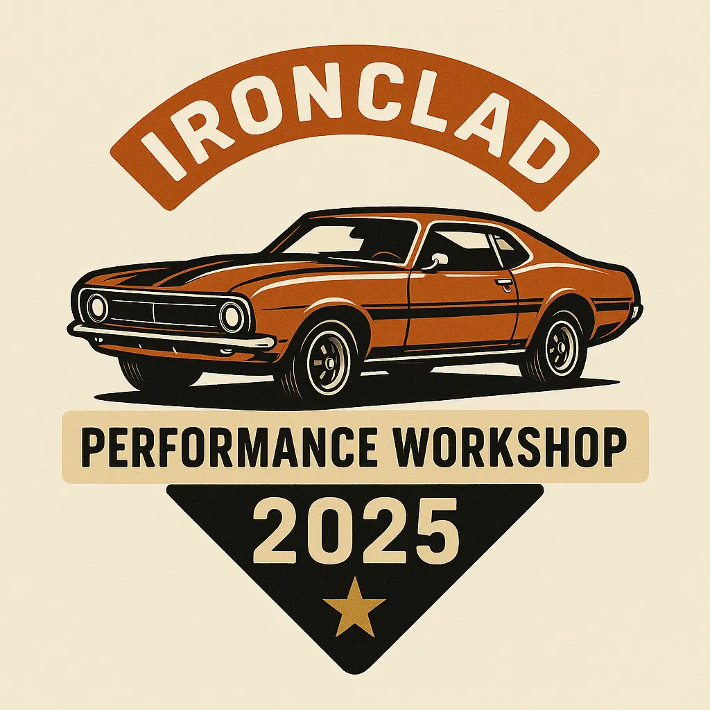 Retro Automotive Logo template with orange muscle car and bold text