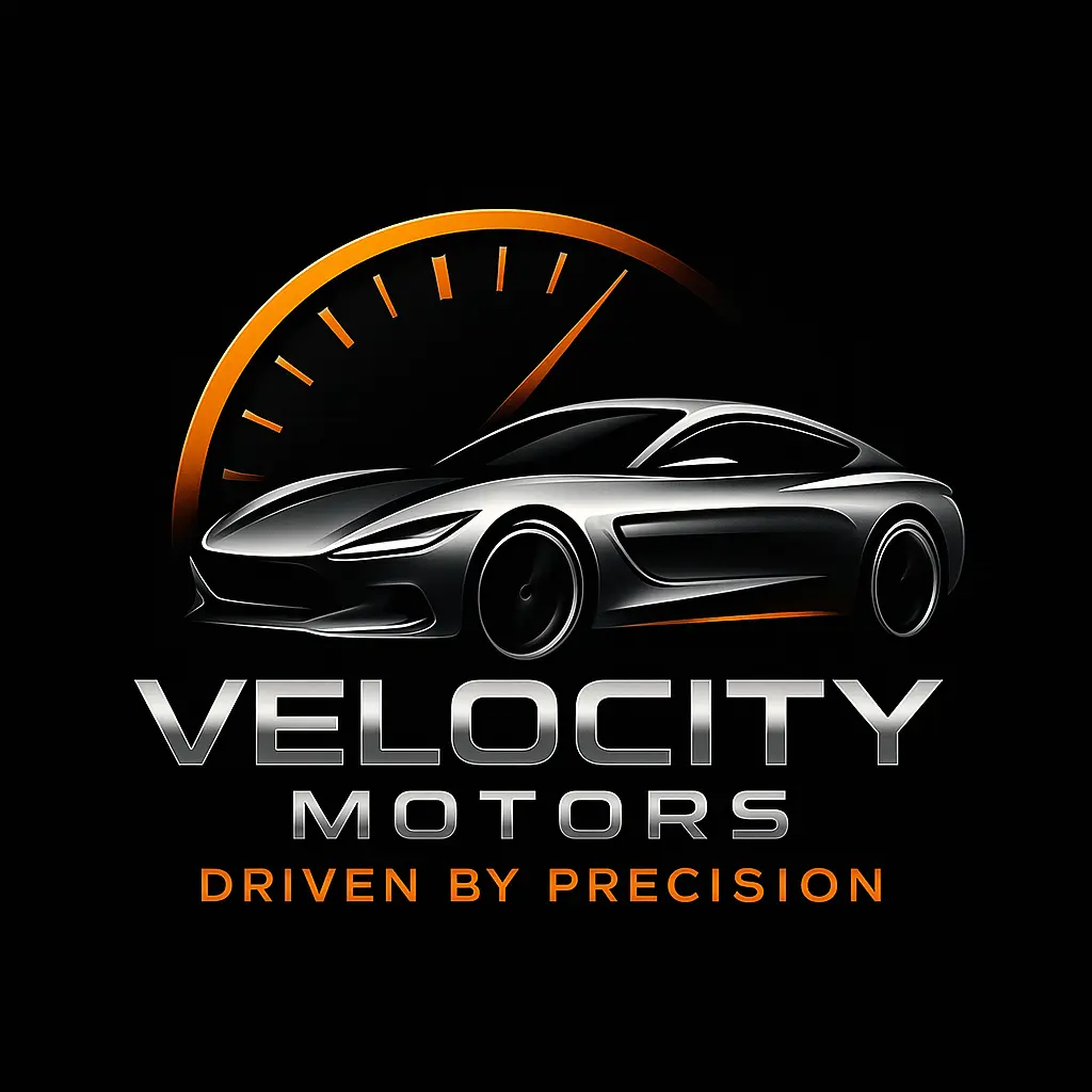 Automotive Logo template with sleek silver car and orange speedometer
