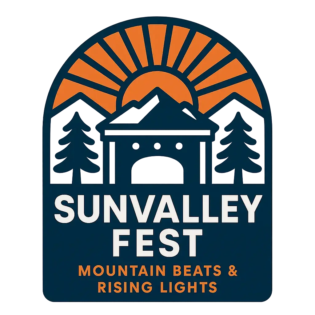 Bold Event Logo template with stage, trees, and sunrise