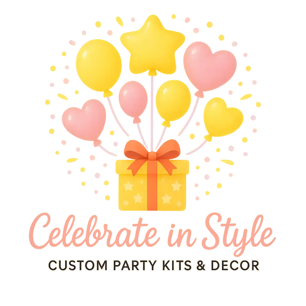 Event Logo template with balloons, confetti, and gift box