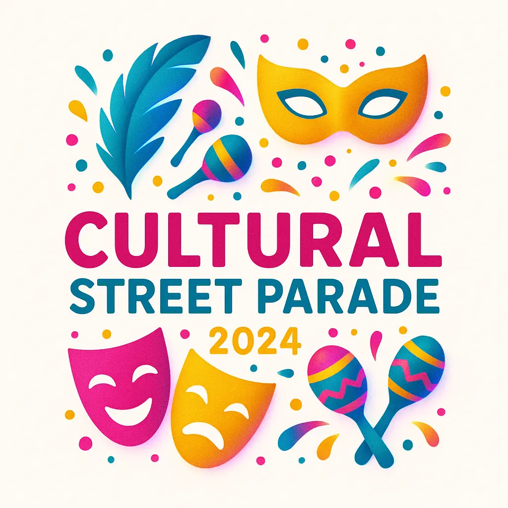 Colorful Event Logo template with feathers, masks, and bold text