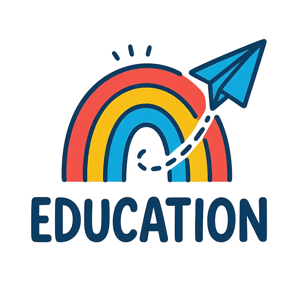 Education Logo template with rainbow, paper airplane, and playful typography
