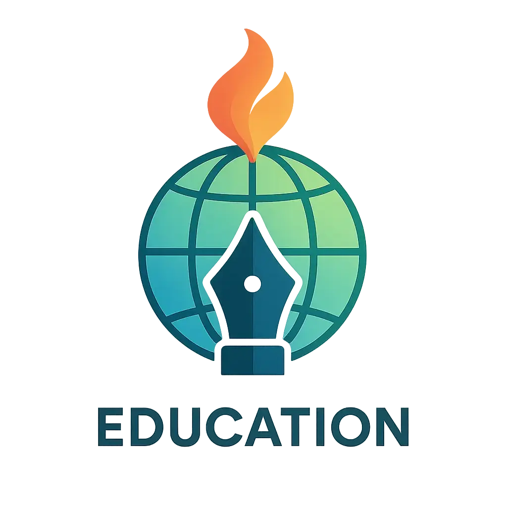 Education Logo template featuring a globe, flame, and ink pen