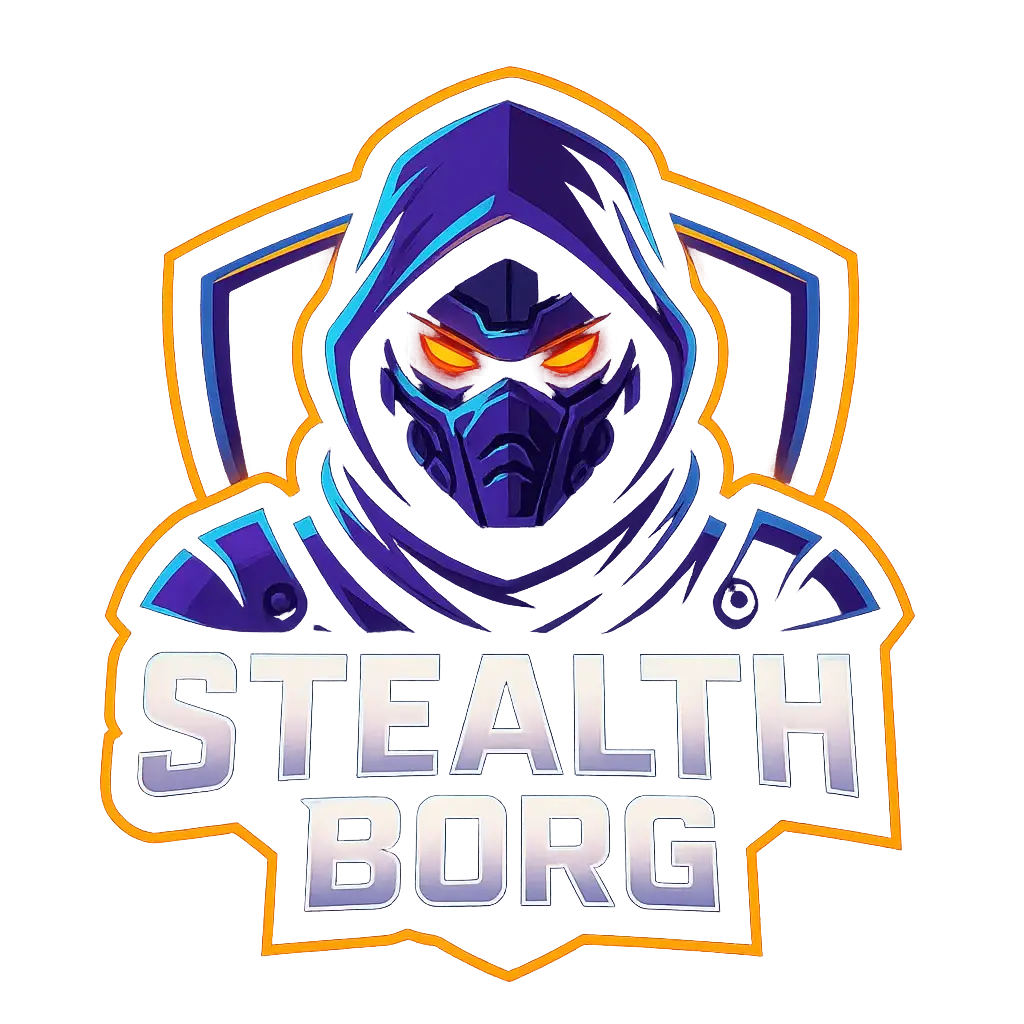 Gaming Logo template featuring a ninja cyborg with glowing red eyes