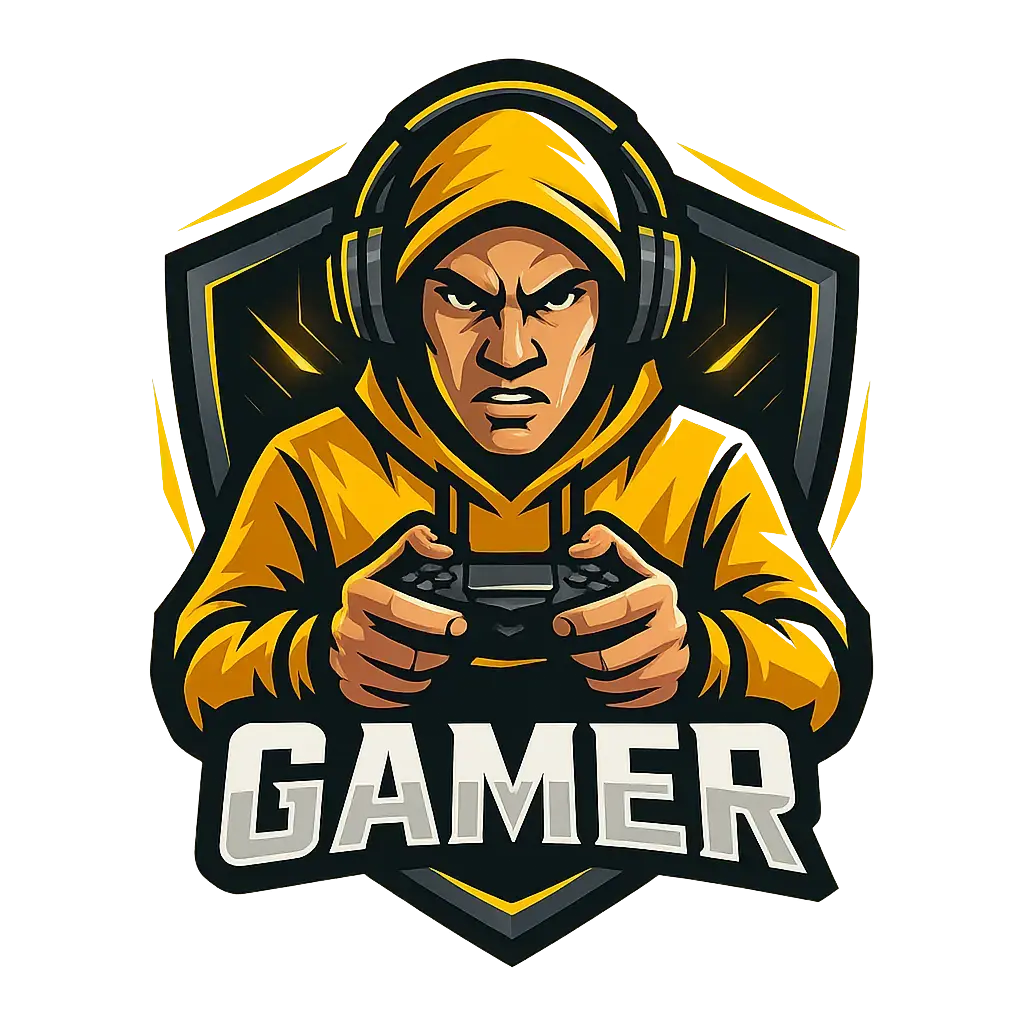 Gaming Logo template featuring focused gamer in hoodie with game controller