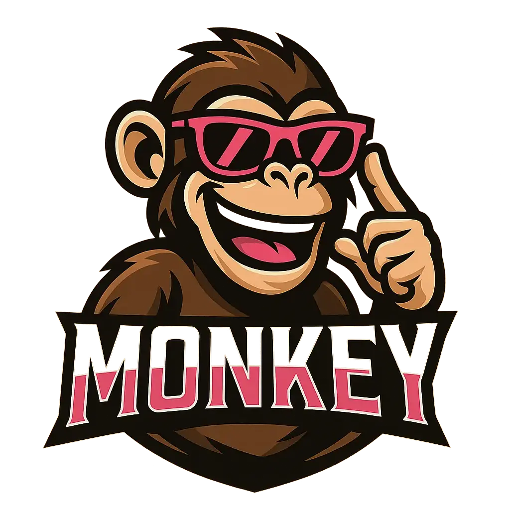 Gaming Logo template featuring playful monkey with pink sunglasses