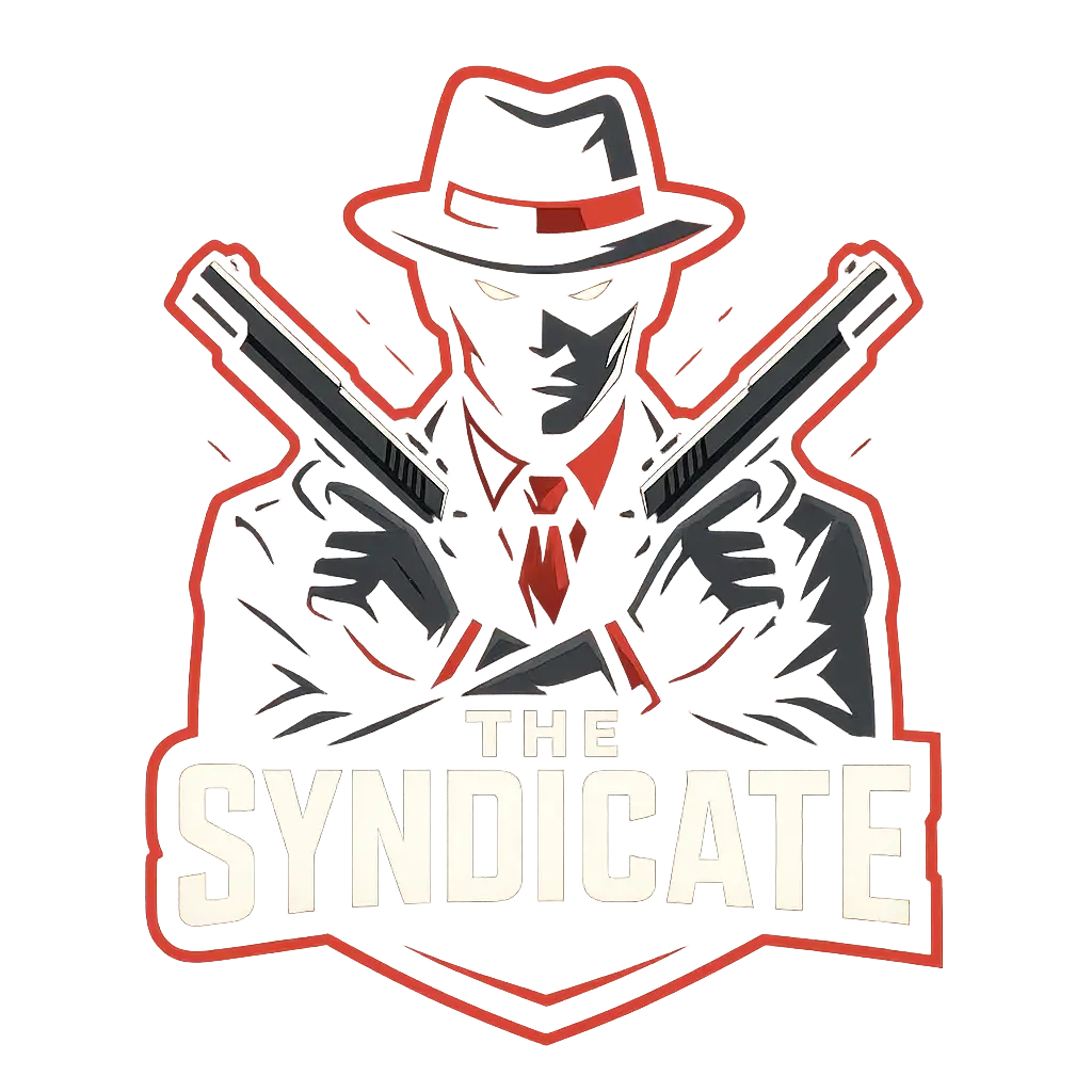 Gaming Logo template featuring a gangster character with crossed guns and bold typography.