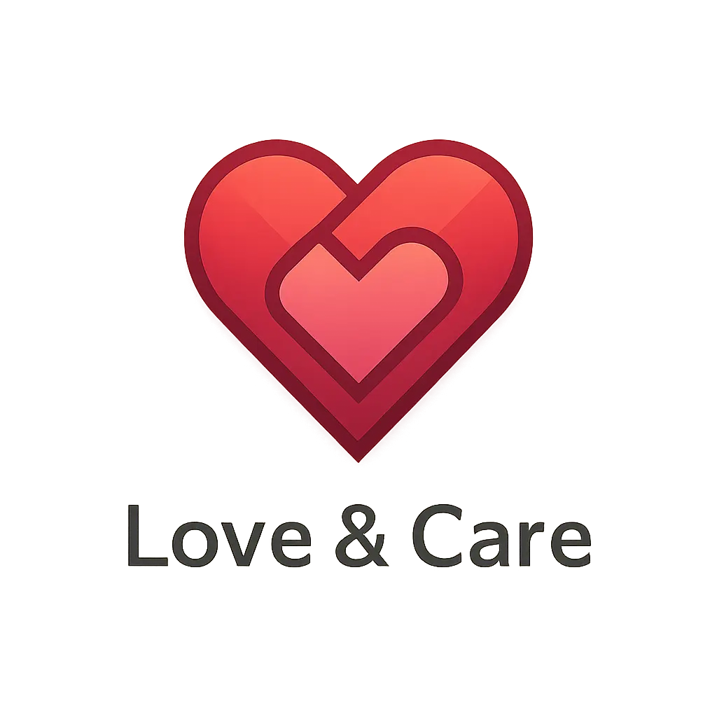 Heart Logo template with glowing gradient heart and 'Love & Care' text