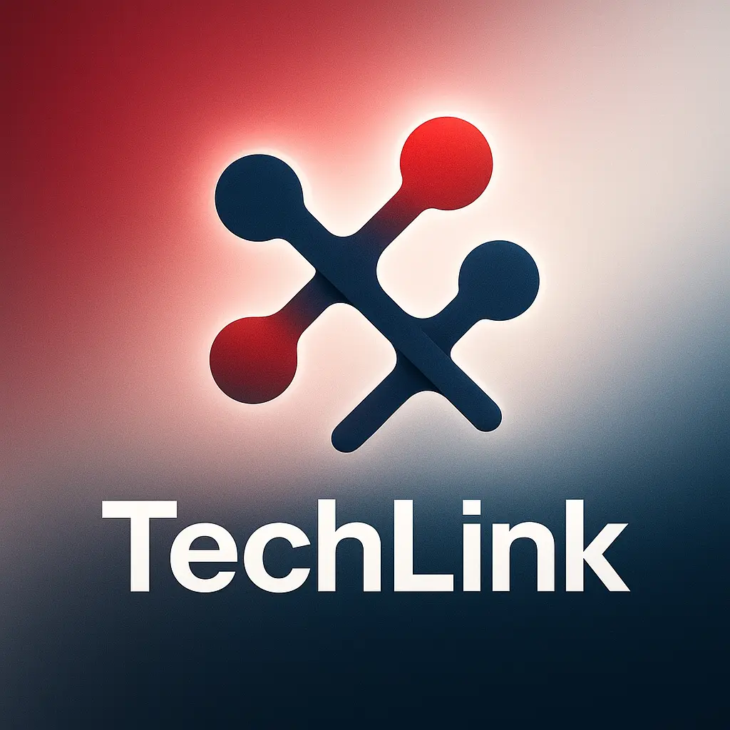 Technology Logo template with network node structure and bold red, navy, and white gradient