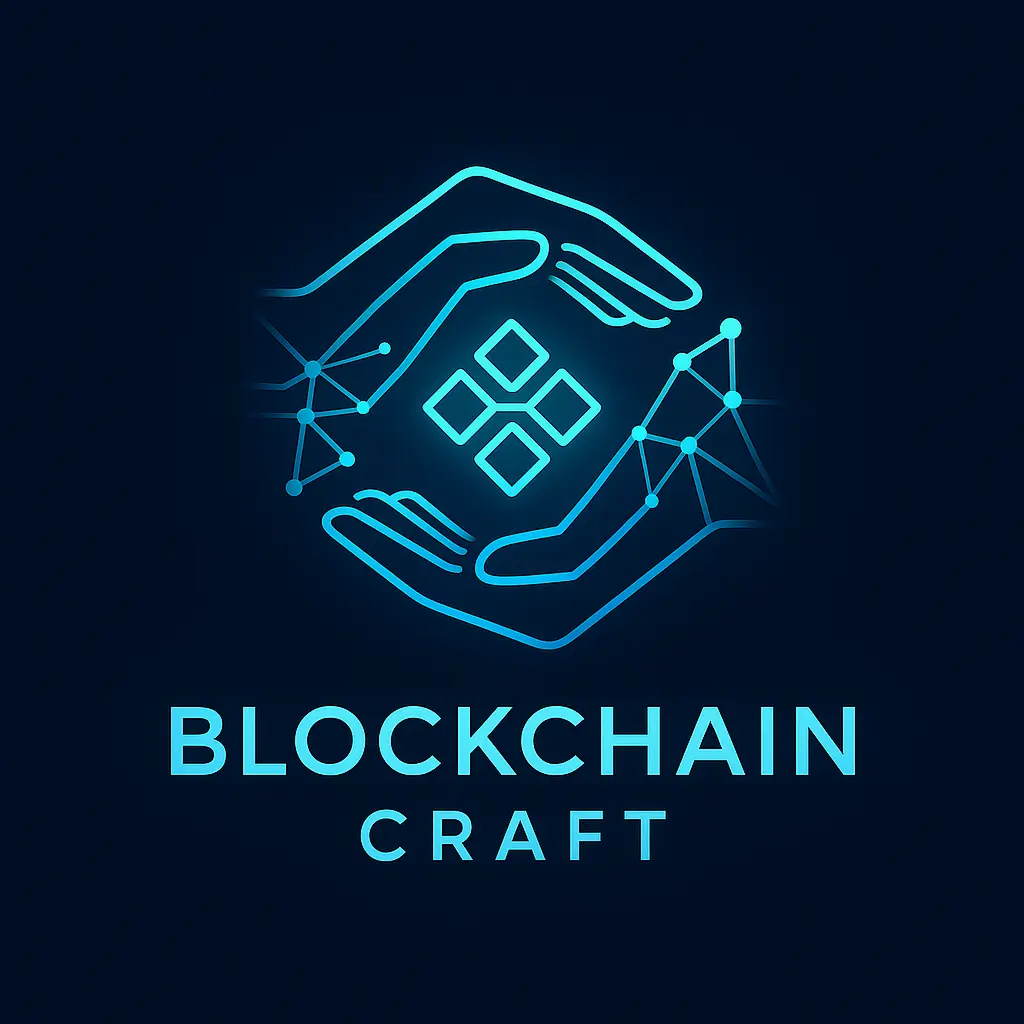 Technology Logo template featuring hands and blockchain symbol