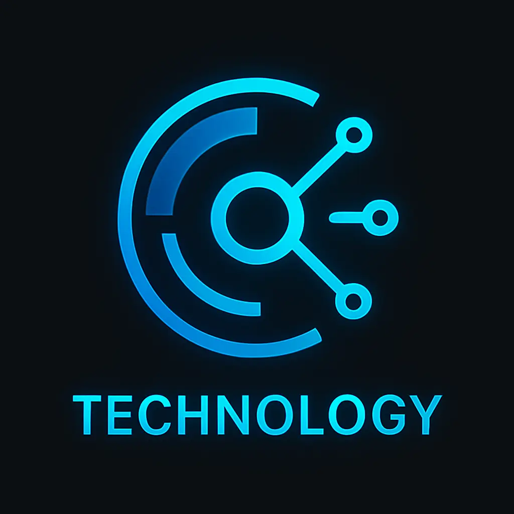 Technology Logo template featuring circular and geometric design with blue, teal, and neon accents