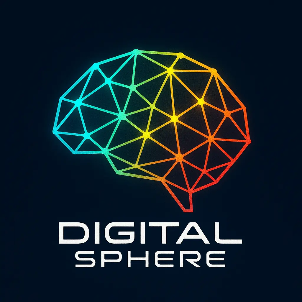 Technology Logo template featuring a geometric polygonal brain with glowing gradient colors.