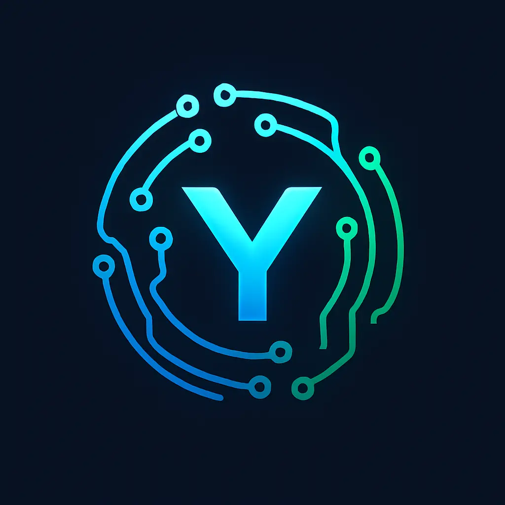 Technology Logo template with abstract circuit design and glowing 'Y'.