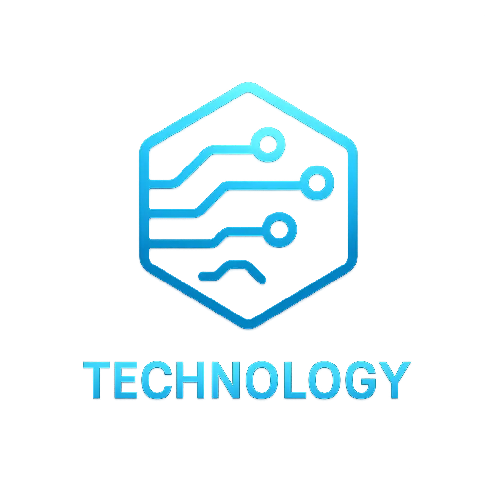 Technology Logo template with hexagonal circuit design and glowing blue accents
