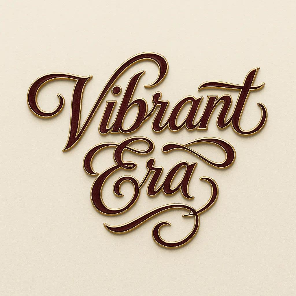 Elegant Typography Logo template with 'Vibrant Era' text in gold and burgundy