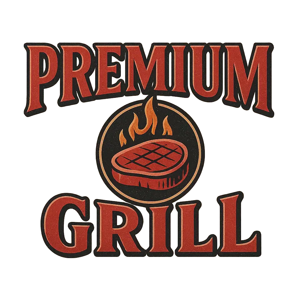 Typography Logo template featuring Premium Grill and steak icon with flames