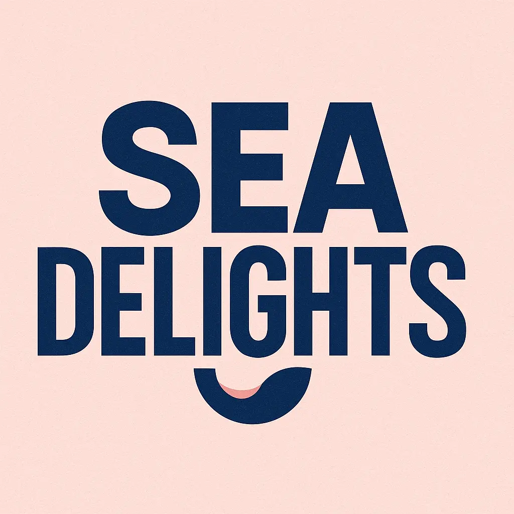 Typography Logo template for 'SEA DELIGHTS' with wave icon