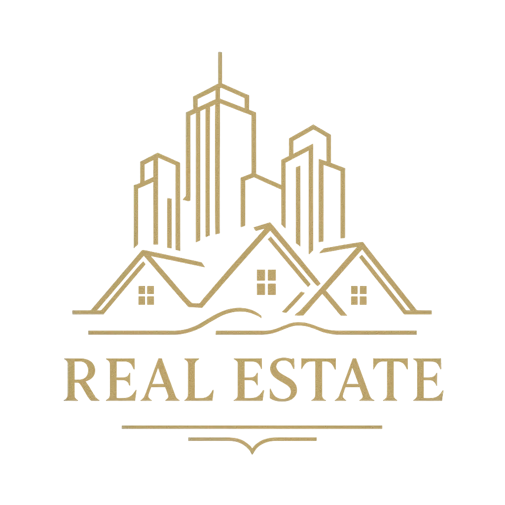 Luxurious real estate logo template with skyline and rooftops