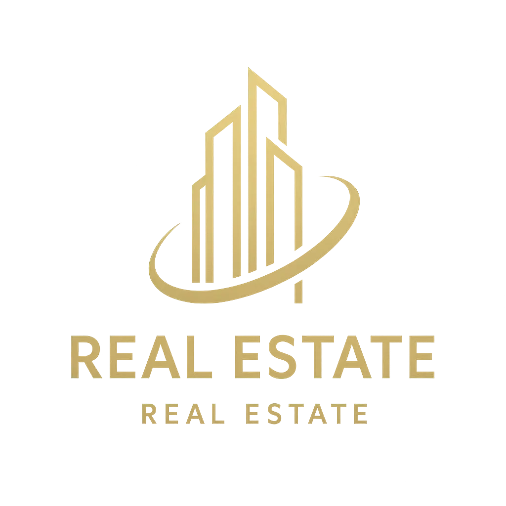Gold and black modern real estate logo template with skyscraper design