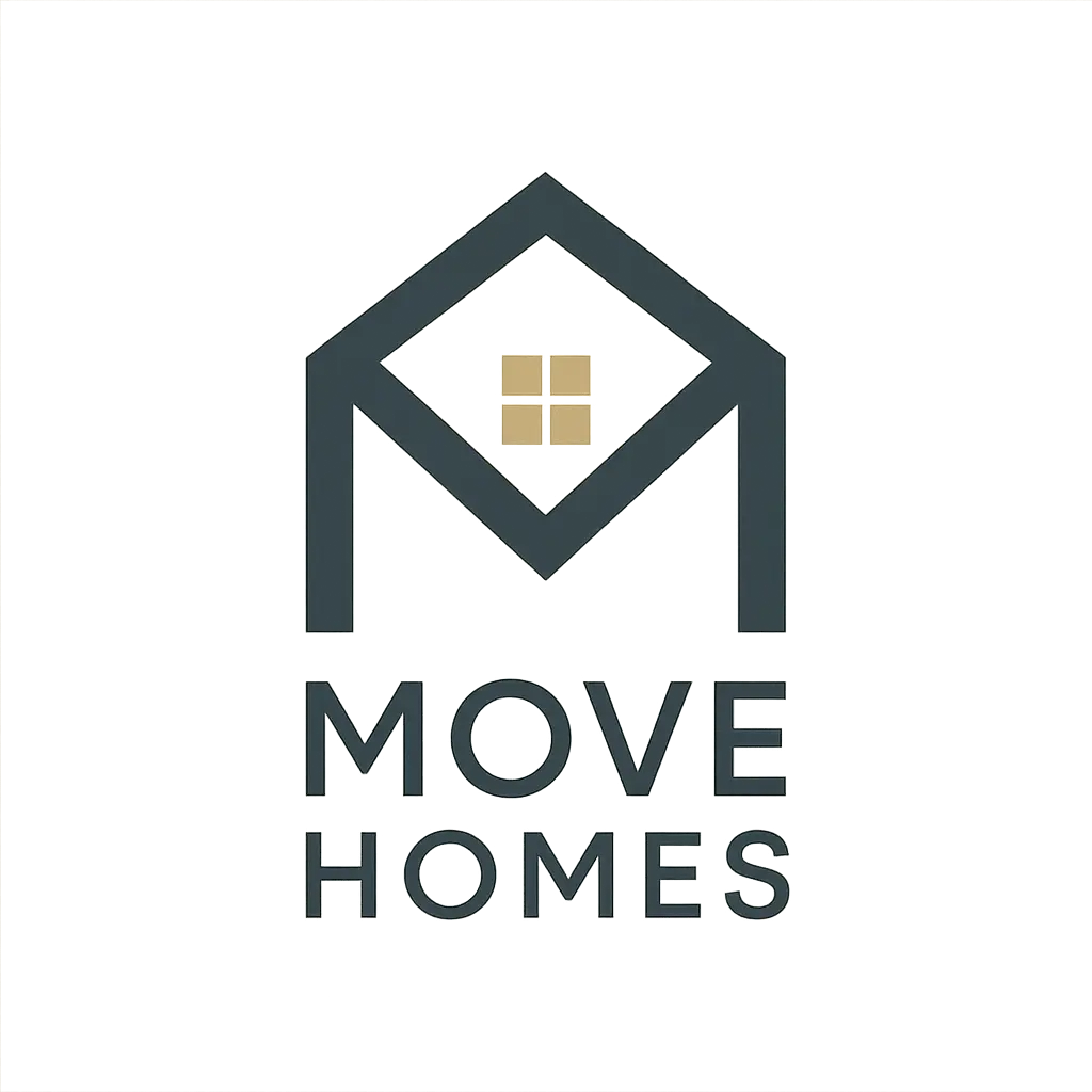 Modern minimal Real Estate Logo template with house silhouette and text MOVE HOMES