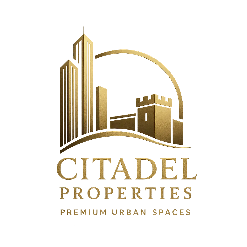 Luxury Real Estate Logo template with gold skyline and fortress