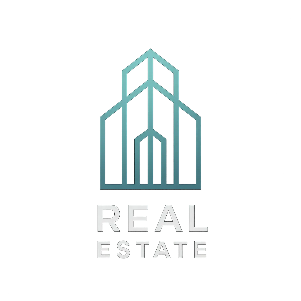 Real Estate Logo template with building outline in teal and charcoal