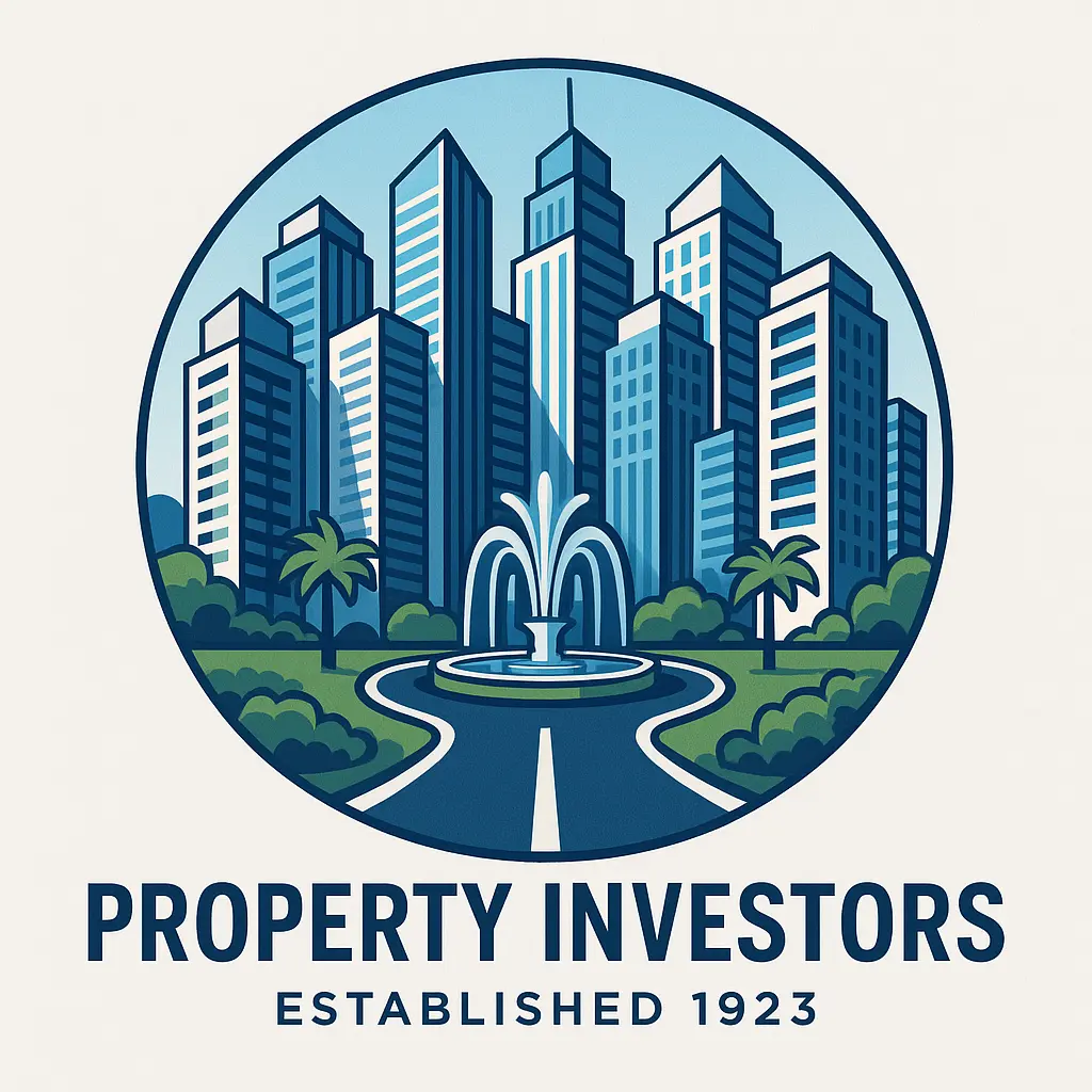 Real Estate Logo template with a city skyline, fountain, and 'PROPERTY INVESTORS' text