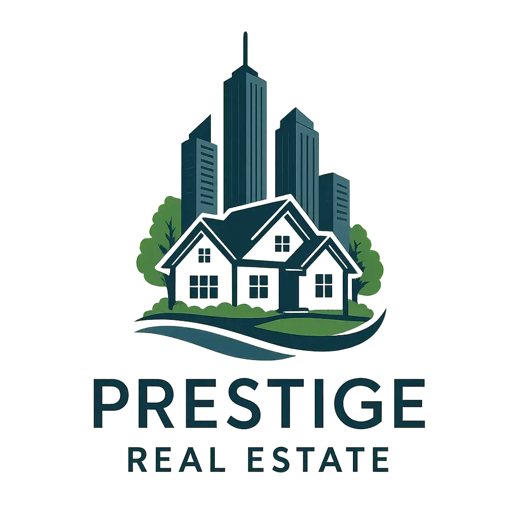 Prestige Real Estate Logo template with luxury city skyline and home