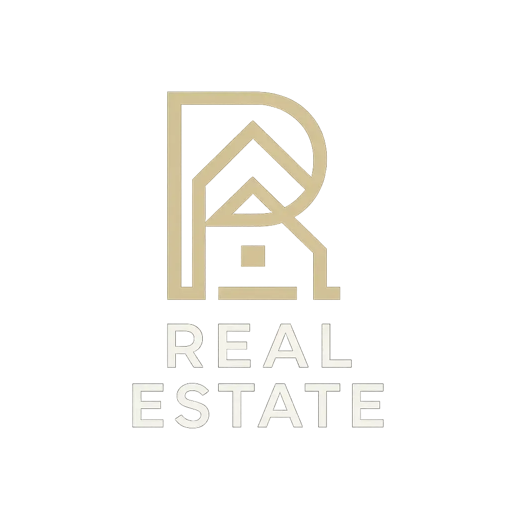 Real Estate Logo template featuring minimalist monogram in gold and charcoal