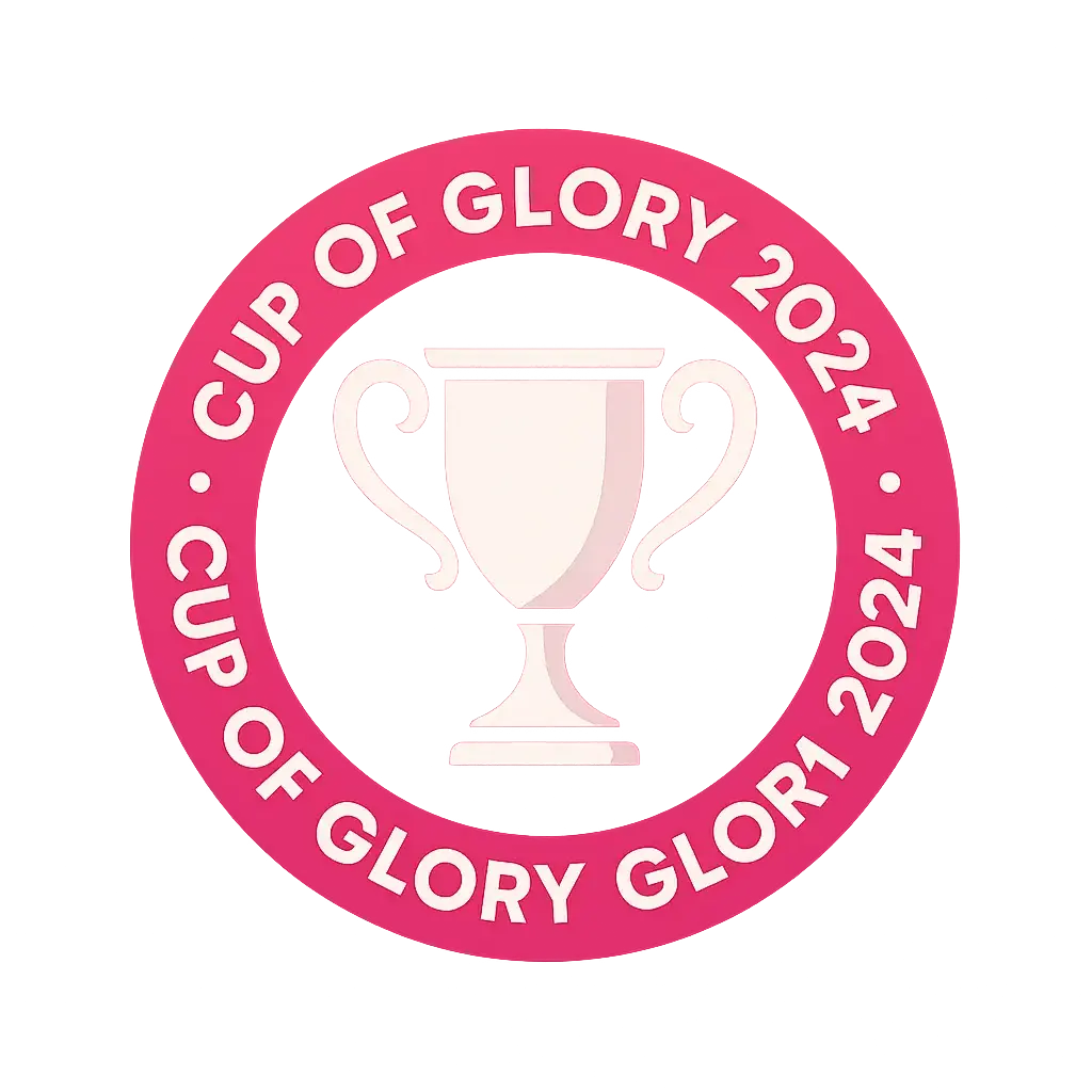 Magenta circular logo template with white trophy and bold text