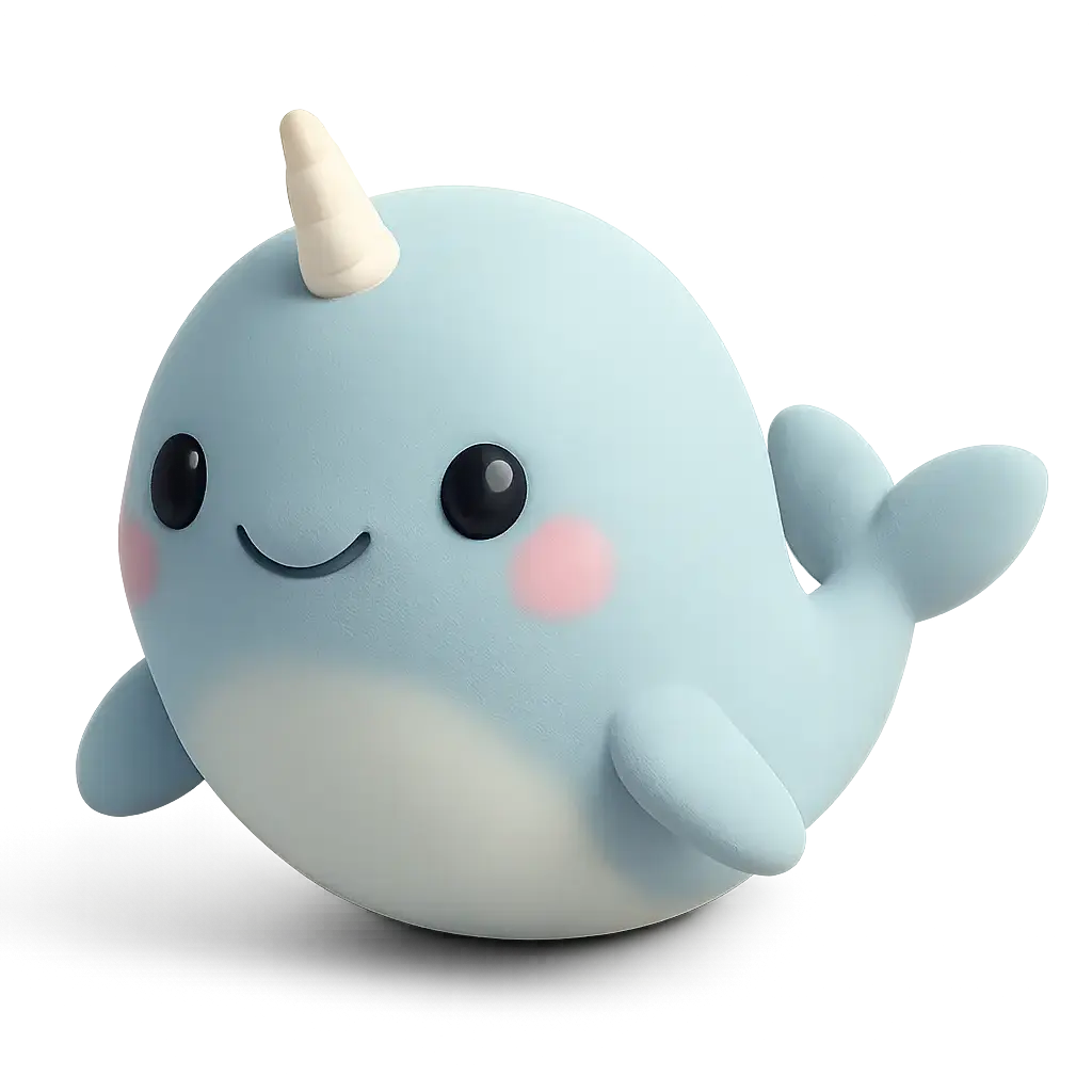 3D animal icon template featuring a cartoon narwhal
