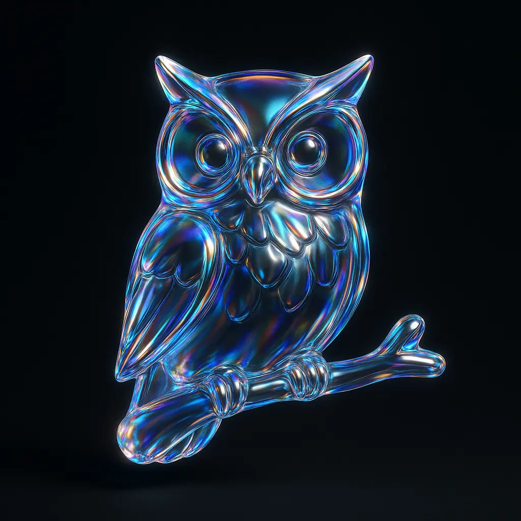 Iridescent Glass 3D Icon template owl on branch